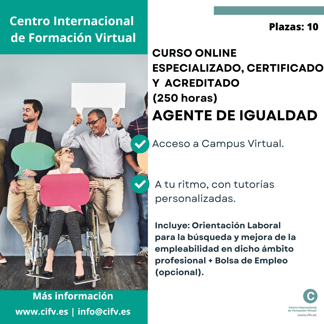 Curso Online Especializado, Certificado y Acreditado: Agente de Igualdad. Plazas: 10.