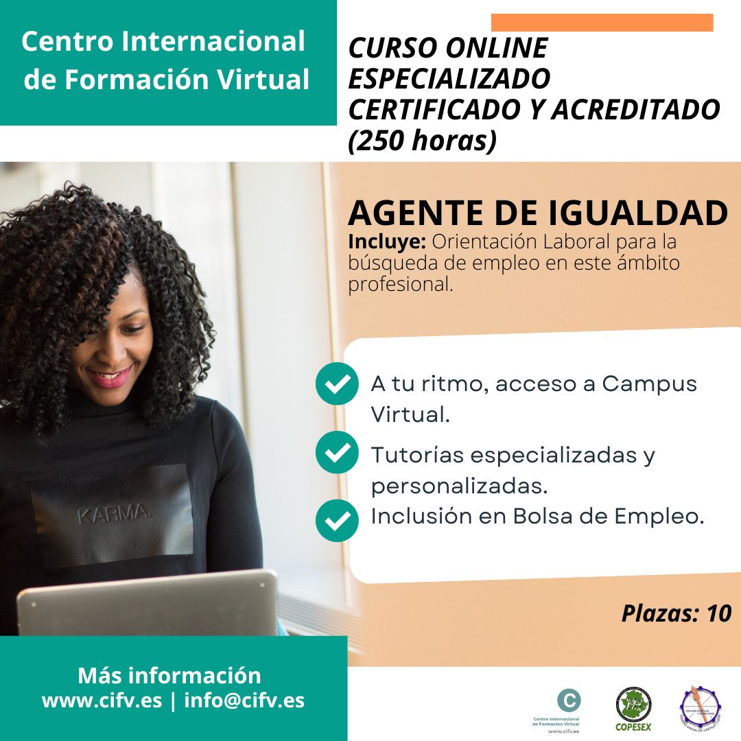¡Abierto plazo de preinscripción! Curso Online Especializado, Certificado y Acreditado: Agente de Igualdad. Plazas: 10.