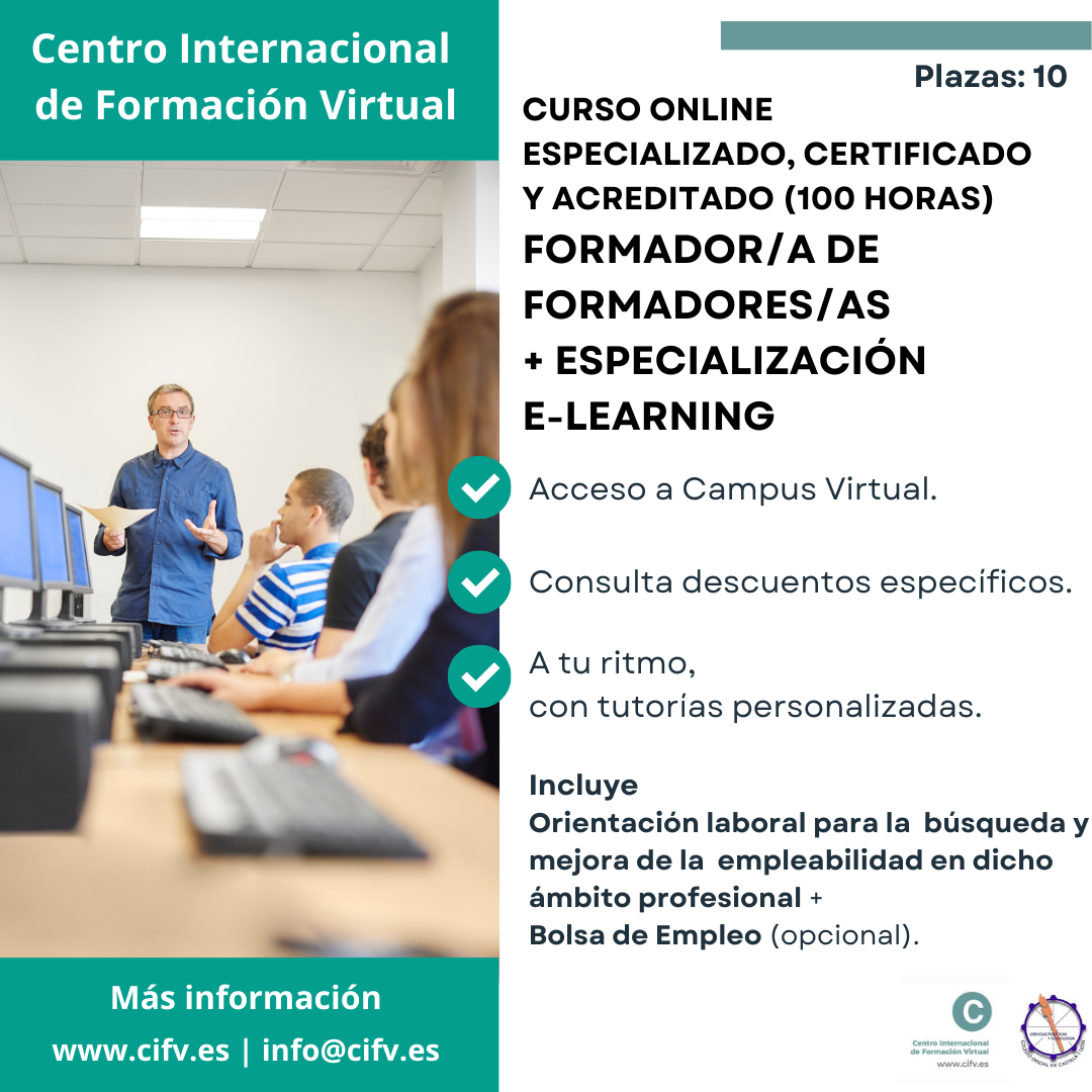 Curso Online: Formador/a de Formadores/as + Especialización en E-learning. Plazas: 10.